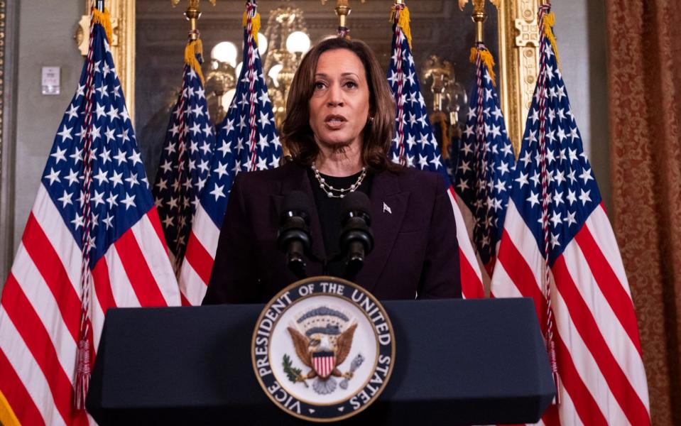 Kamala Harris speaks to the press following her meeting with Benjamin Netanyahu