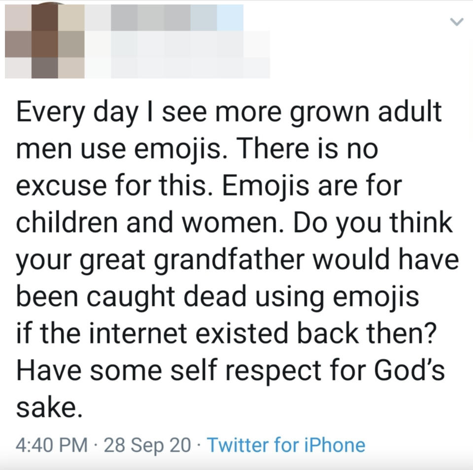 Tweet saying, "Emojis are for children and women."
