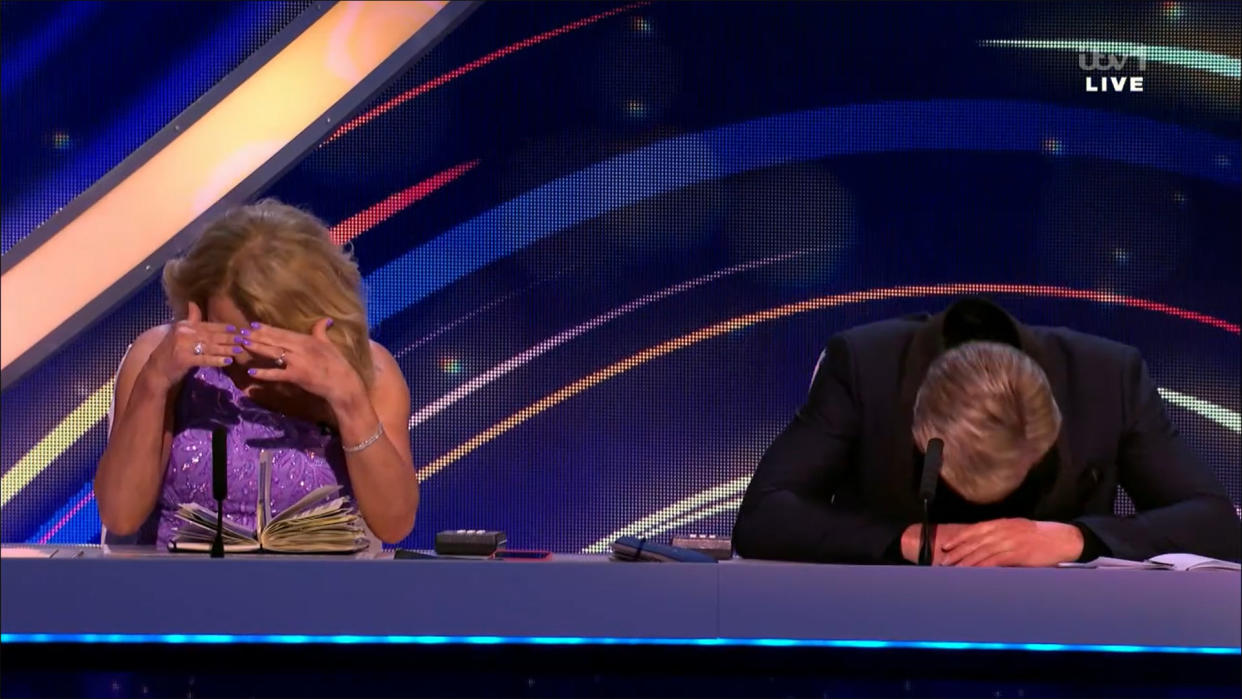 Torvill and Dean couldn't even watch as they reacted to their own vocal performance. (ITV)