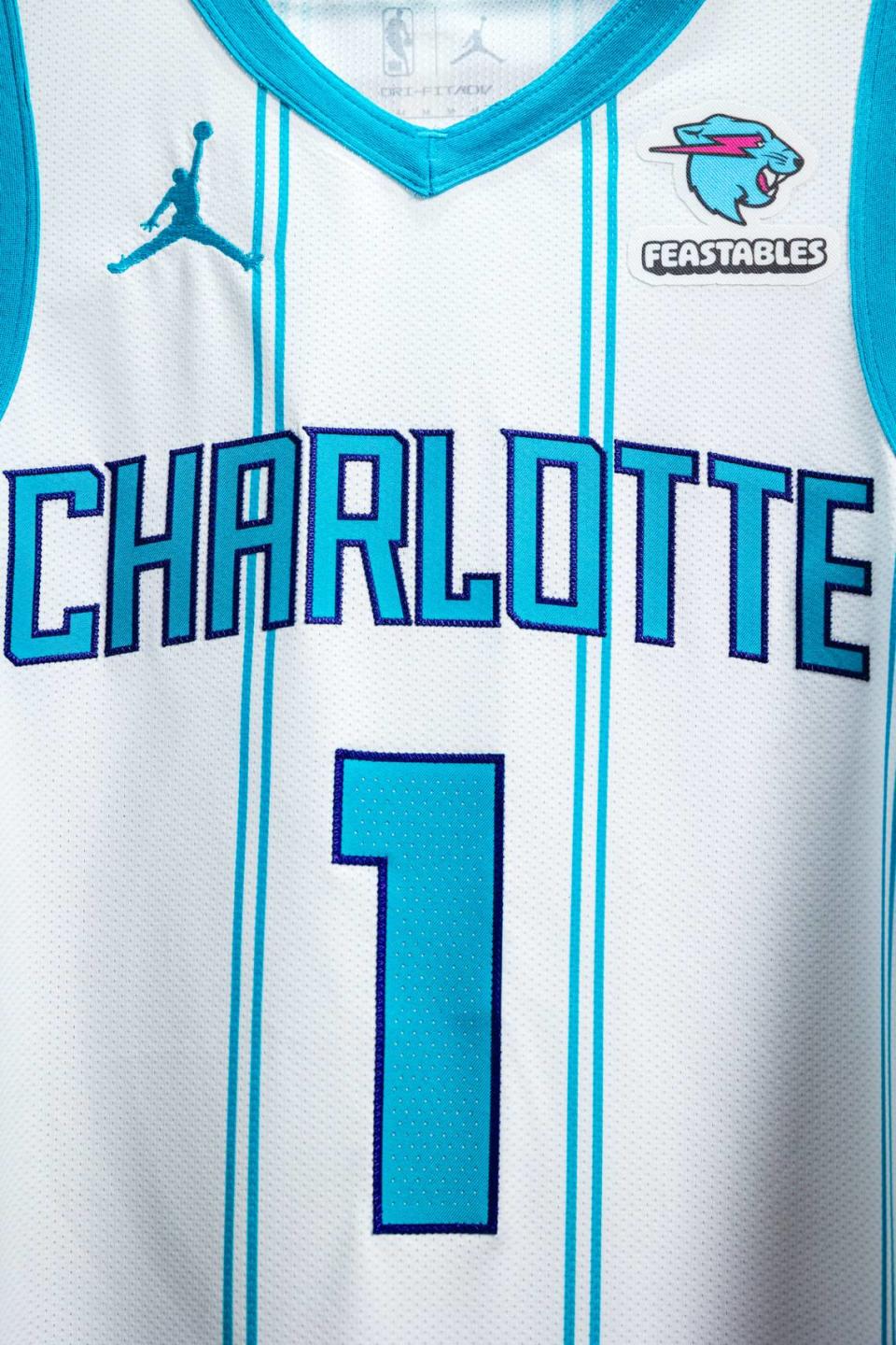 An image of the Charlotte Hornets’ jersey with their new patch sponsorship. The deal marks the first partnership between a creator-led brand and an NBA franchise. Charlotte Hornets photo/Charlotte Hornets photo