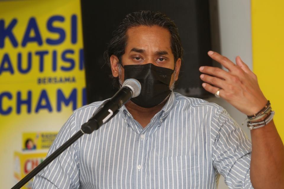 Khairy Jamaluddin speaks to the media after the launch of  CHAMPS®-NASOM Autism Awareness campaign in Subang April 9, 2021. — Picture by Choo Choy May