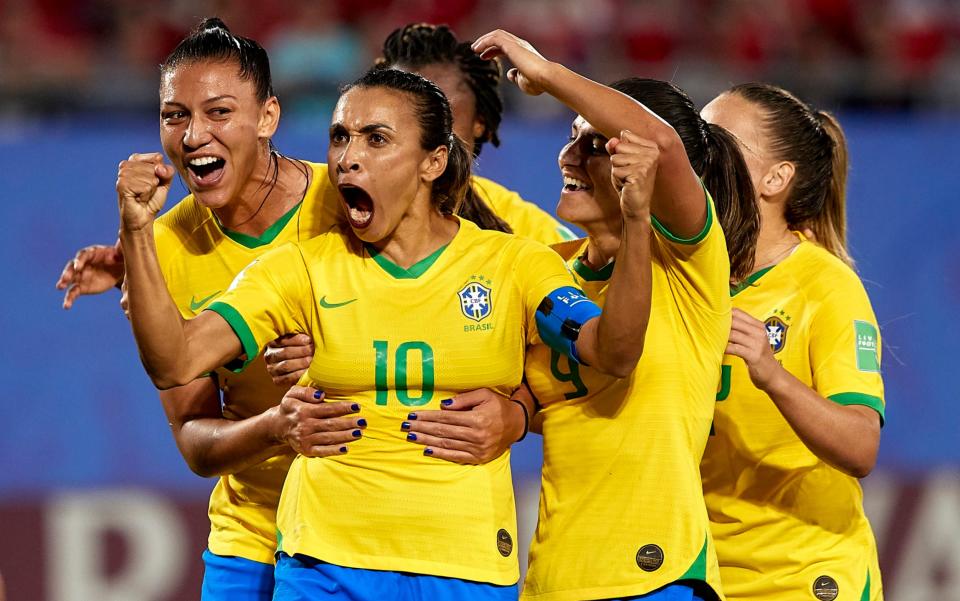 Marta Vieira da Silva of Brazil celebrating their team's first goal during the 2019 FIFA Women's World Cup France group C match between Italy and Brazil  - GETTY IMAGES
