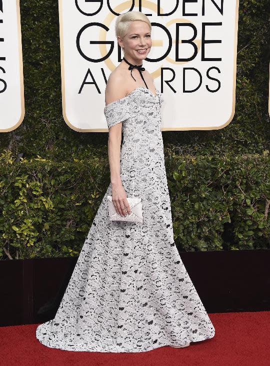 Michelle Williams arrives at the 74th annual Golden Globe Awards at the Beverly Hilton Hotel on Sunday, Jan. 8, 2017, in Beverly Hills, Calif. (Photo by Jordan Strauss/Invision/AP)