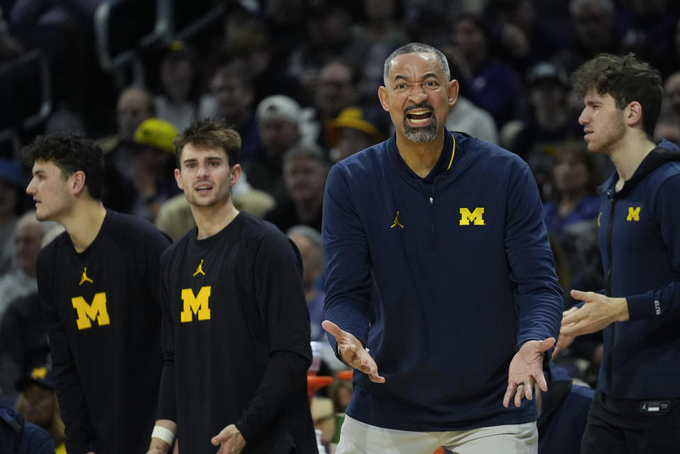 Michigan coach Juwan Howard reacts to a call during the first half of the team's NCAA college basketball game against Northwestern, Thursday, Feb. 22, 2024, in Evanston, Ill. (AP Photo/Erin Hooley)