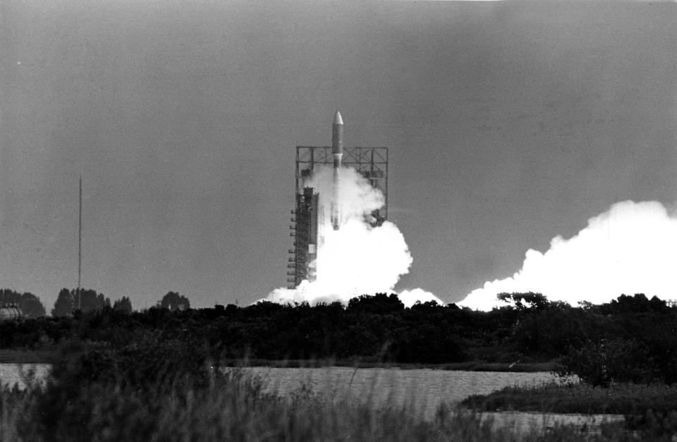 The Voyager 2 spacecraft, atop a Titan Centaur rocket, is launched from Cape Canaveral, Fla., on Aug. 20, 1977. (AP Photo)