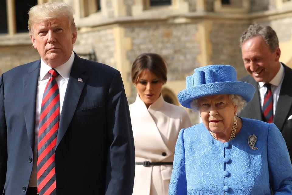 President Trump,&nbsp;Queen Elizabeth II, first lady Melania Trump and Lieutenant Colonel Sir Andrew Ford walk together to leave the Quadrangle after a ceremonial welcome at Windsor Castle&nbsp;on July 13.&nbsp; (Photo: CHRIS JACKSON via Getty Images)