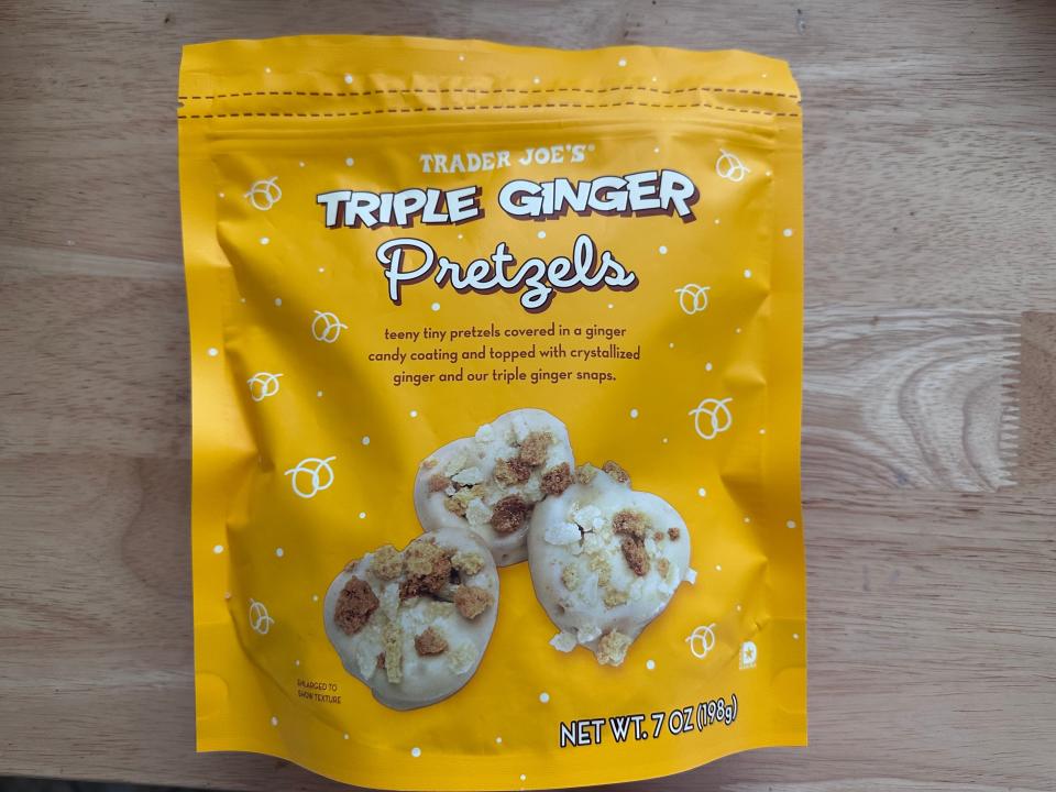 Trader Joe's triple-ginger pretzels yellow bag with seal closure