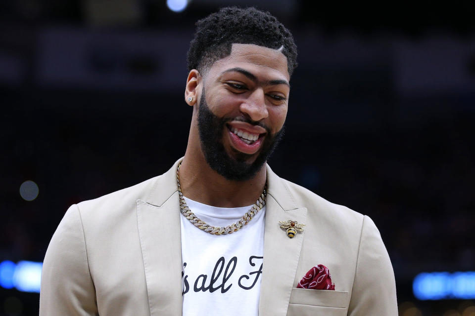 NEW ORLEANS, LOUISIANA - APRIL 09: Anthony Davis #23 of the New Orleans Pelicans reacts before a game against the Golden State Warriors at the Smoothie King Center on April 09, 2019 in New Orleans, Louisiana. NOTE TO USER: User expressly acknowledges and agrees that, by downloading and or using this photograph, User is consenting to the terms and conditions of the Getty Images License Agreement. (Photo by Jonathan Bachman/Getty Images)