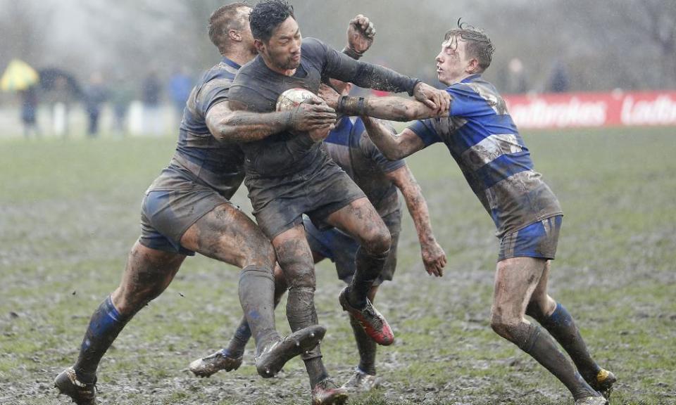 Toronto Wolfpack’s Laulu Togaga is brought to a halt by a collection of Siddal players during the Challenge Cup match that was won 14-6 by Wolfpack.