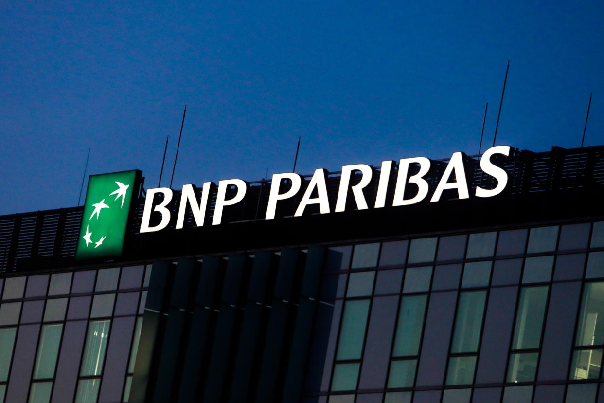 BNP Paribas logo is seen on the office building in Krakow, Poland on December 1, 2020. (Photo by Jakub Porzycki/NurPhoto via Getty Images)