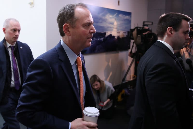 U.S. House Intelligence Committee Chairman Schiff departs a Democratic caucus meeting at the U.S. Capitol in Washington