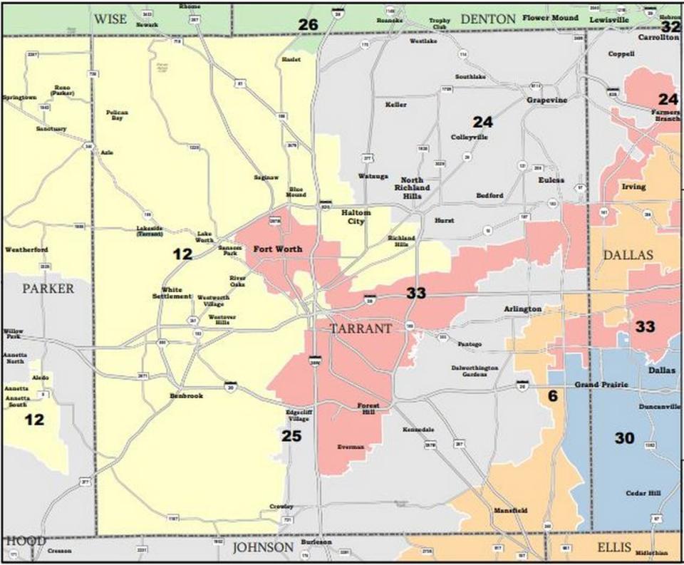 Pictured are the proposed boundaries for Tarrant County’s state Senate districts. The compromise map must be approved by the House and Senate before being sent to Gov. Greg Abbott.