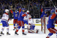 Montreal Canadiens goaltender Sam Montembeault (35) reacts after New York Rangers left wing Artemi Panarin (not shown) scored a goal in the second period of an NHL hockey game Sunday, Jan. 15, 2023, in New York. (AP Photo/Adam Hunger)