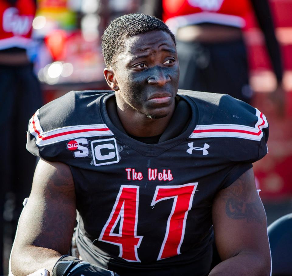 Gardner-Webb junior defensive end Ty French looks on from the sidelines as the Bulldogs face North Carolina A&T Saturday afternoon at Ernest W. Spangler Stadium at Gardner-Webb University in Shelby, NC. Gardner-Webb defeated North Carolina A&T 38-17.