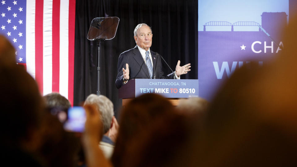 Democratic presidential candidate Mike Bloomberg speaks during a rally at the Bessie Smith Cultural Center, Wednesday, Feb. 12, 2020, in Chattanooga, Tenn. (C.B. Schmelter/Chattanooga Times Free Press via AP)