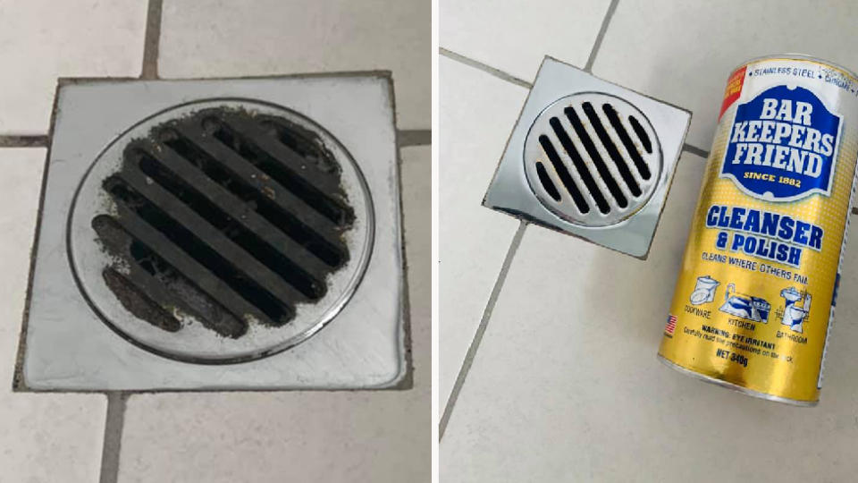 (Left) Dirty shower drain. (Right) Drain  sparkling clean after transformation with Bar Keeper's Friend Cleanser and Polish item Woolworths $8