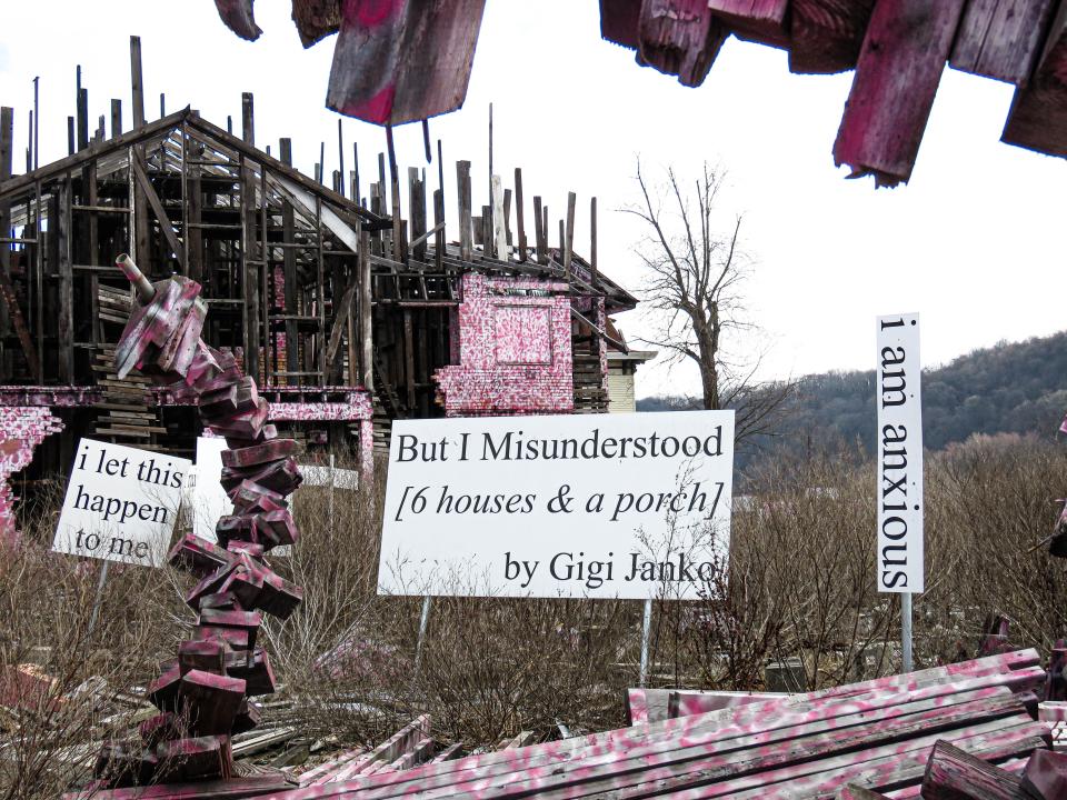 Trauma manifested in a big way. Gigi Janko turned an entire block — including this former rectory — into a public art installation along the banks of the Ohio River in the Village of Wellsville. The work speaks to personal and societal struggles in an uncertain world and time.