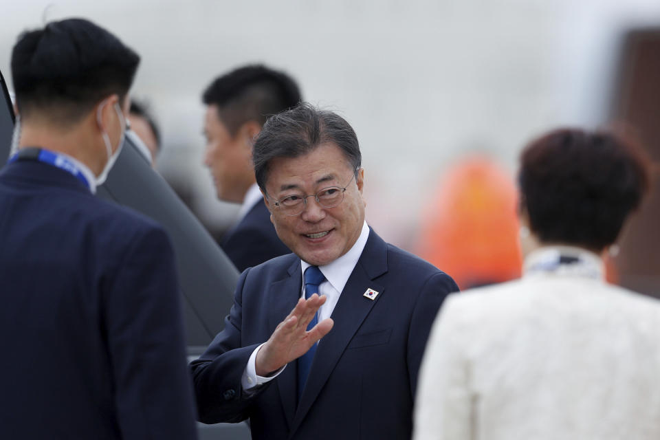 South Korea's President Moon Jae-in arrives at the airport in Newquay, England, for the G7 summit, Friday, June 11, 2021. (Peter Nicholls/Pool Photo via AP)