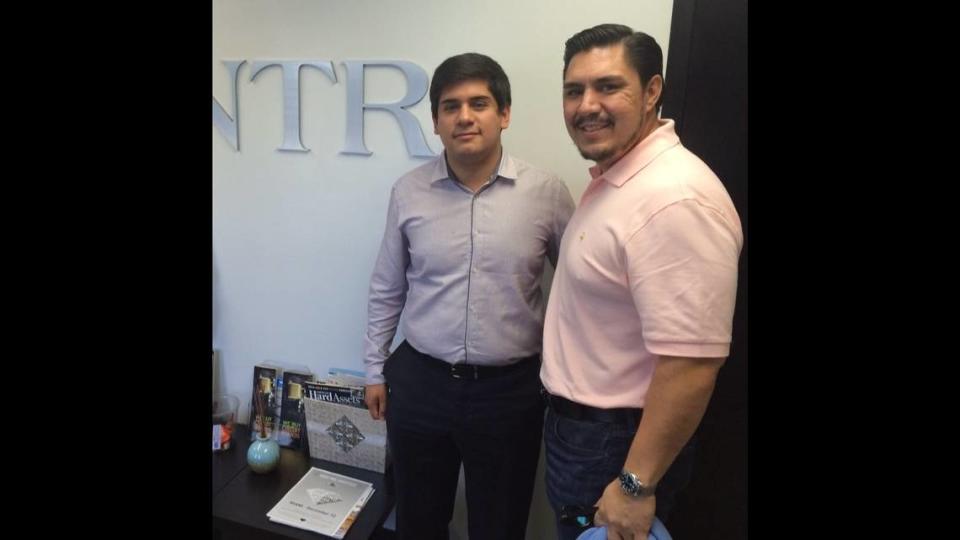 NTR Metals gold dealer Renato Rodriguez stands with one of his company’s suppliers, a Chilean college student named Harold Vilches. Vilches came from a family of jewelers and pastors, and would travel as far as Tanzania — where he was detained by armed men — in search of more gold. (Rodriguez had lost 80 pounds by this point, with daily trips to the gym and a low-carb diet.)