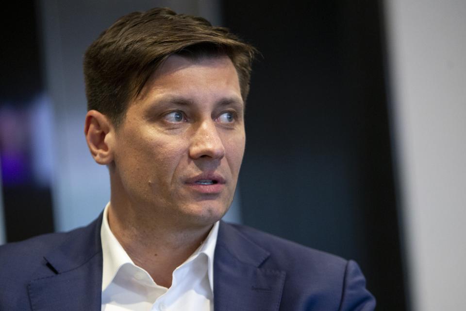 FILE. Russian opposition activist Dmitry Gudkov speaks during a meeting in Sofia, Bulgaria, Saturday, Feb. 19, 2022. Most Russian opposition figures are currently either in prison or in exile abroad. Still, many persist in challenging the Russian authorities, including by speaking out from behind bars. (AP Photo/Ruslan Terekhov, File)