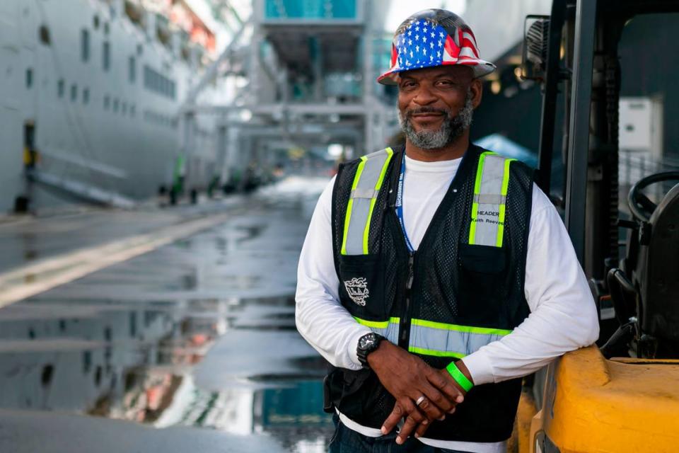 Longshoreman Keith Reaves worked with his colleagues to load items onto a cruise ship at the Norwegian Cruise Line Terminal in PortMiami on Tuesday, February 16, 2021. Reaves, a header, has been working as a longshoreman for 21 years.
