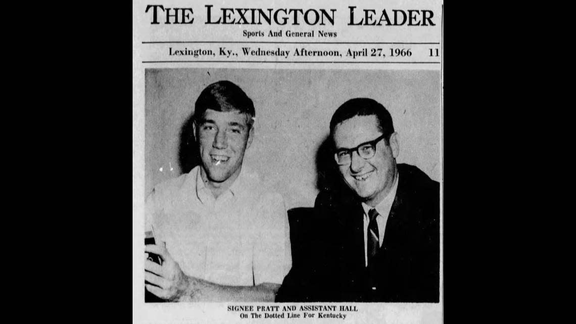 The Lexington Leader sports section ran a story in the April 27, 1966 edition highlight Mike Pratt’s signing with the Kentucky Wildcats. The story was accompanied by a photo of the 17-year-old recruit with UK assistant Joe B. Hall.