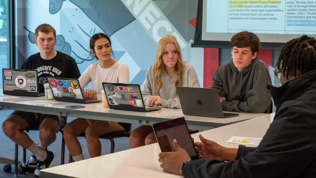 From left, Jack Tell, Natasha Torkzaban, Maya Smith and Morgan Salisbury meet with district officials on April 19, 2024, to discuss their concerns with the district's use of Gaggle's spyware