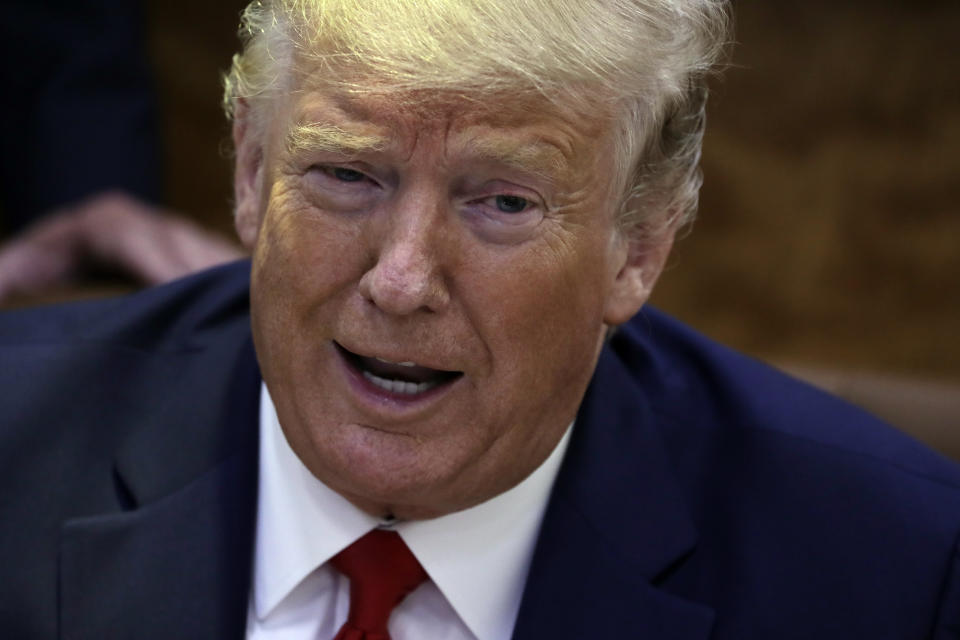 President Donald Trump participates in a briefing about Hurricane Dorian at Marine Corps Air Station Cherry Point, Monday, Sept. 9, 2019, in Havelock, N.C., aboard Air Force One. (AP Photo/Evan Vucci)