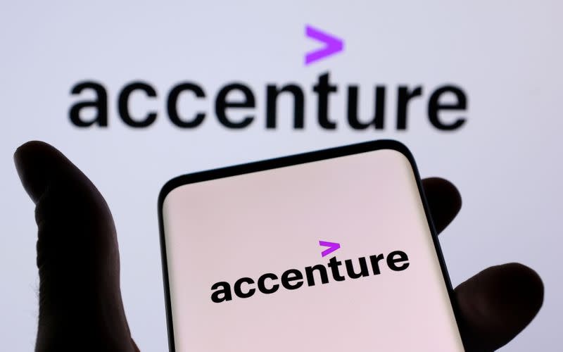 Illustration shows a smartphone with displayed Accenture PLC logo