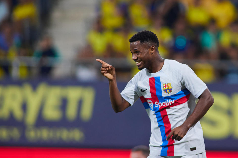 CADIZ, SPAIN - SEPTEMBER 10: Ansu Fati of FC Barcelona celebrates a goal during the spanish league, La Liga Santander, football match played between Cadiz CF and FC Barcelona  at Nuevo Mirandilla stadium September 10, 2022, in Cadiz, Spain. (Photo By Joaquin Corchero/Europa Press via Getty Images)