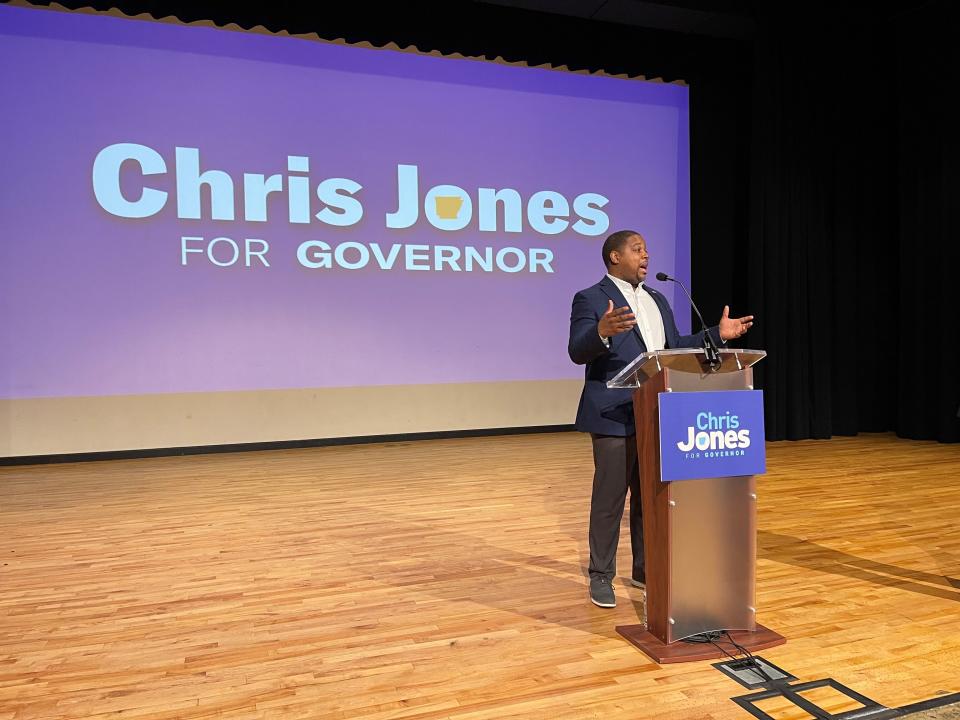 Democratic gubernatorial candidate Chris Jones speaks at a kickoff for his campaign in Maumelle, Ark. on Saturday, February 5, 2022. Jones and other Black Democratic candidates are running in solidly red states like Arkansas, where former President Donald Trump remains popular. (AP Photo/Andrew DeMillo)