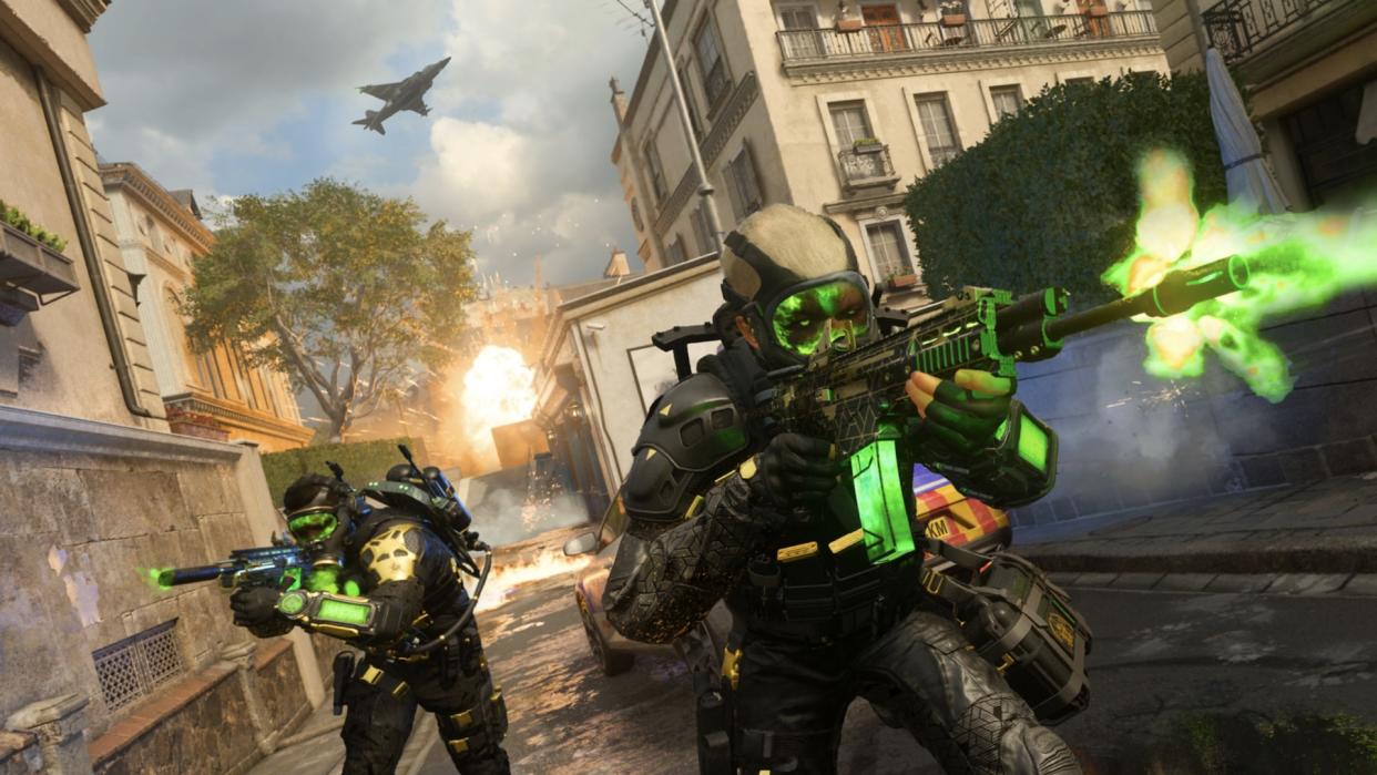  Two operators fore weapons with neon green magazines and bullet tracer effects. 