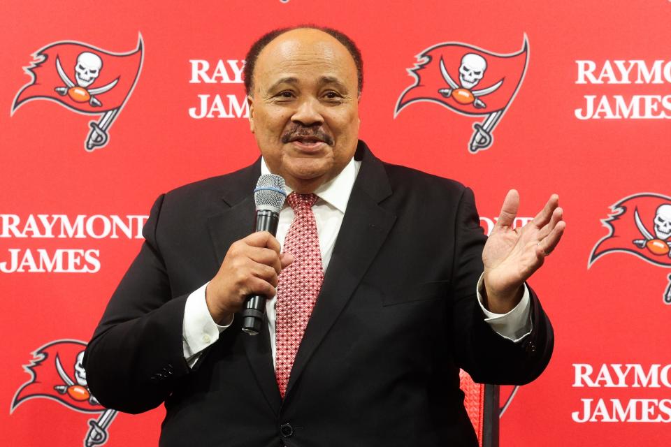 Jan 15, 2024; Tampa, Florida, USA; Martin Luther King III speaks on stage before an NFL NFC Wild Card playoff game between the Philadelphia Eagles and Tampa Bay Buccaneers at Raymond James Stadium. Mandatory Credit: Nathan Ray Seebeck-USA TODAY Sports