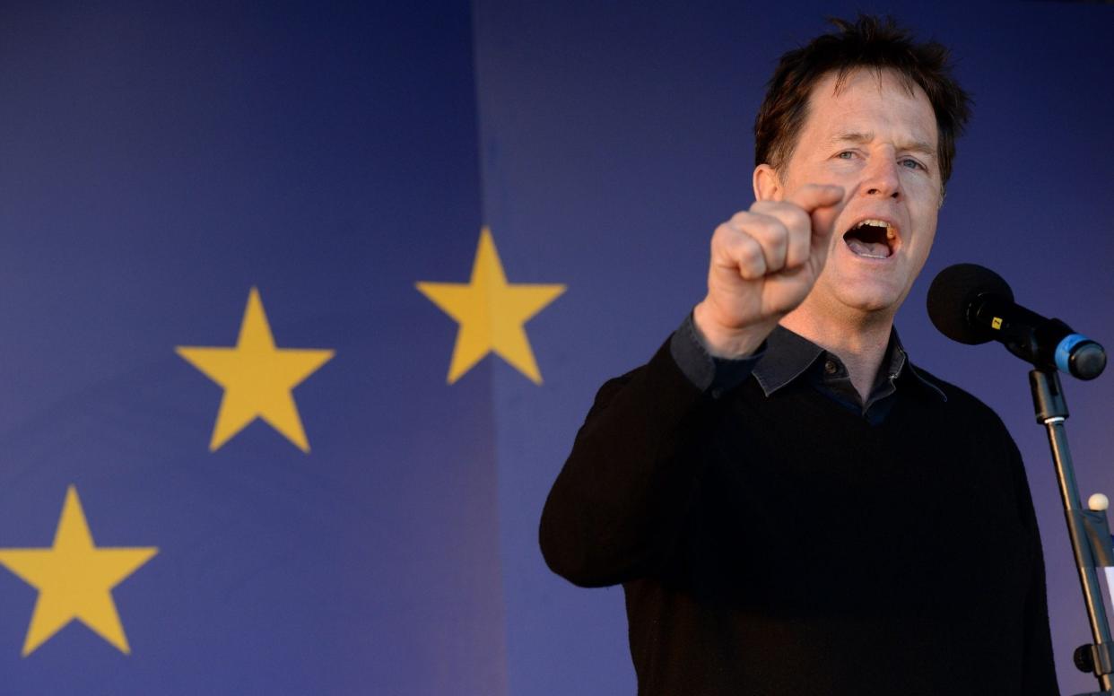  In this file photo taken on March 25, 2017 Britain's former Deputy Prime Minister, and former Leader of the Liberal Democrats, Nick Clegg, speaks during a rally following an anti Brexit, pro-European Union (EU) march in London on March 25, 2017, ahead of the British government's planned triggering of Article 50 next week - Chris J Ratcliffe/AFP