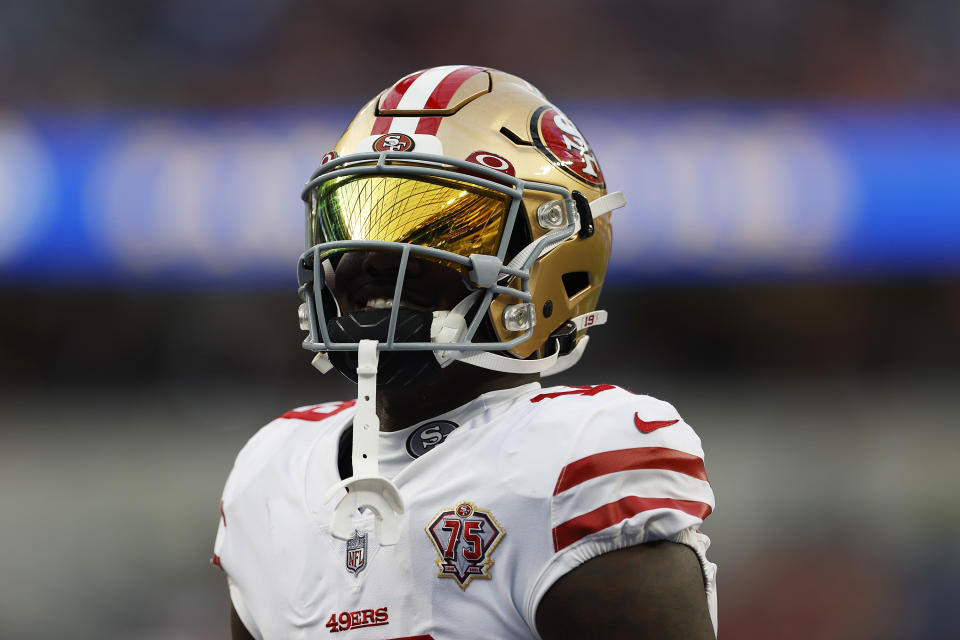 INGLEWOOD, CALIFORNIA - JANUARY 30: Deebo Samuel #19 of the San Francisco 49ers looks on during warm ups before the NFC Championship Game against the Los Angeles Rams at SoFi Stadium on January 30, 2022 in Inglewood, California. (Photo by Christian Petersen/Getty Images)