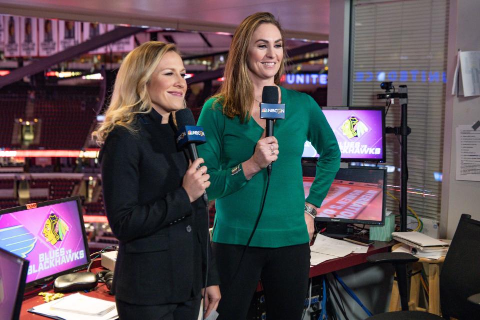 Mleczko, right, with play-by-play analyst Kate Scott