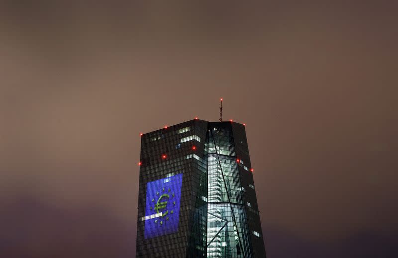 Sun sets over the skyline and ECB headquarters in Frankfurt