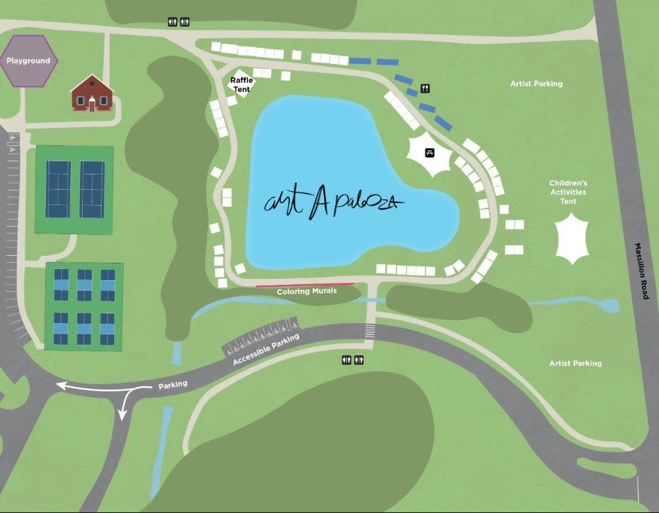 A city of Green map of the location of the 2023 Art-A-Palooza. About 70 artists will show their work at the Aug. 19 event.