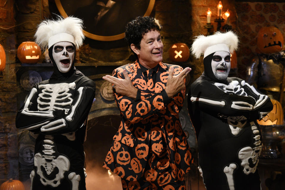 THE DAVID S. PUMPKINS ANIMATED HALLOWEEN SPECIAL -- Pictured: (l-r) Mikey Day as a skeleton dancer, Tom Hanks as David S. Pumpkins, Bobby Moynihan as a skeleton dancer -- (Photo by: Rosalind O'Connor/NBCU Photo Bank/NBCUniversal via Getty Images via Getty Images)