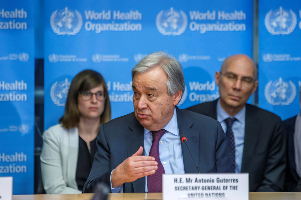 U.N. Secretary General, Antonio Guterres speaks during an update on the situation regarding the COVID-19 (previously named novel coronavirus) at the World Health Organization (WHO) headquarters in Geneva, Switzerland, February 24, 2020. Salvatore Di Nolfi/Pool via REUTERS