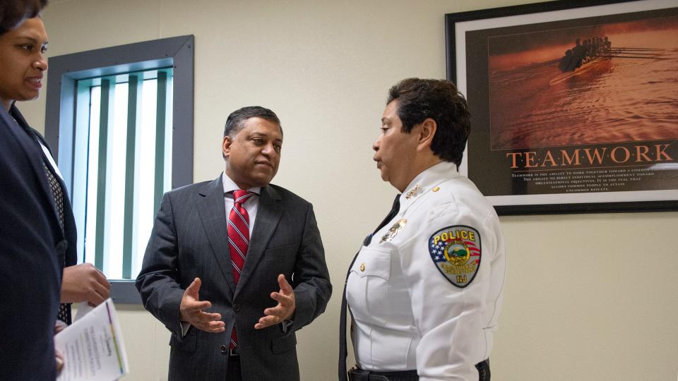 Dr. Rahul Gupta, the drug czar for the Biden Administration,  speaks with Camden County Department of Corrections Warden Karen Taylor as Dr. Gupta visited the Camden jail to discuss the opioid crisis on Tuesday, February 21, 2023.  