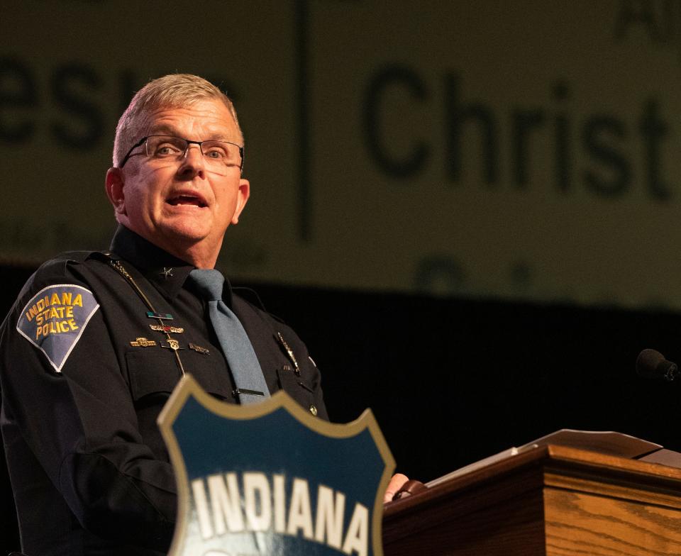 Superintendent of Indiana State Police Doug Carter speaks during a press conference addressing updates regarding the investigation of the murders of Abby Williams and Libby German, Monday, Monday, Oct. 31, 2022, at Delphi United Methodist Church in Delphi, Ind. 