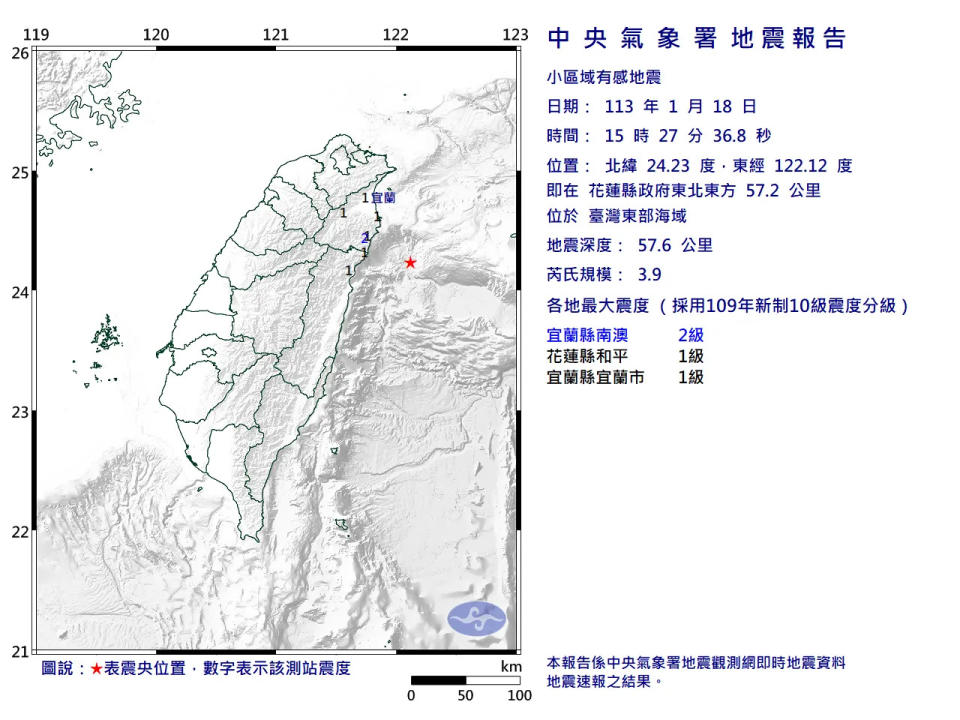 <strong>根據氣象署地震觀測網即時觀測資料，宜蘭、花蓮一帶18日下午3時27分許發生規模3.9地震。（圖／翻攝中央氣象署官網）</strong>