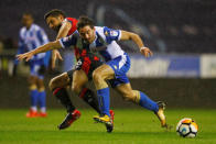 Soccer Football - FA Cup Third Round Replay - Wigan Athletic vs AFC Bournemouth - DW Stadium, Wigan, Britain - January 17, 2018 Bournemouth's Andrew Surman in action with Wigan Athletic’s Will Grigg REUTERS/Phil Noble