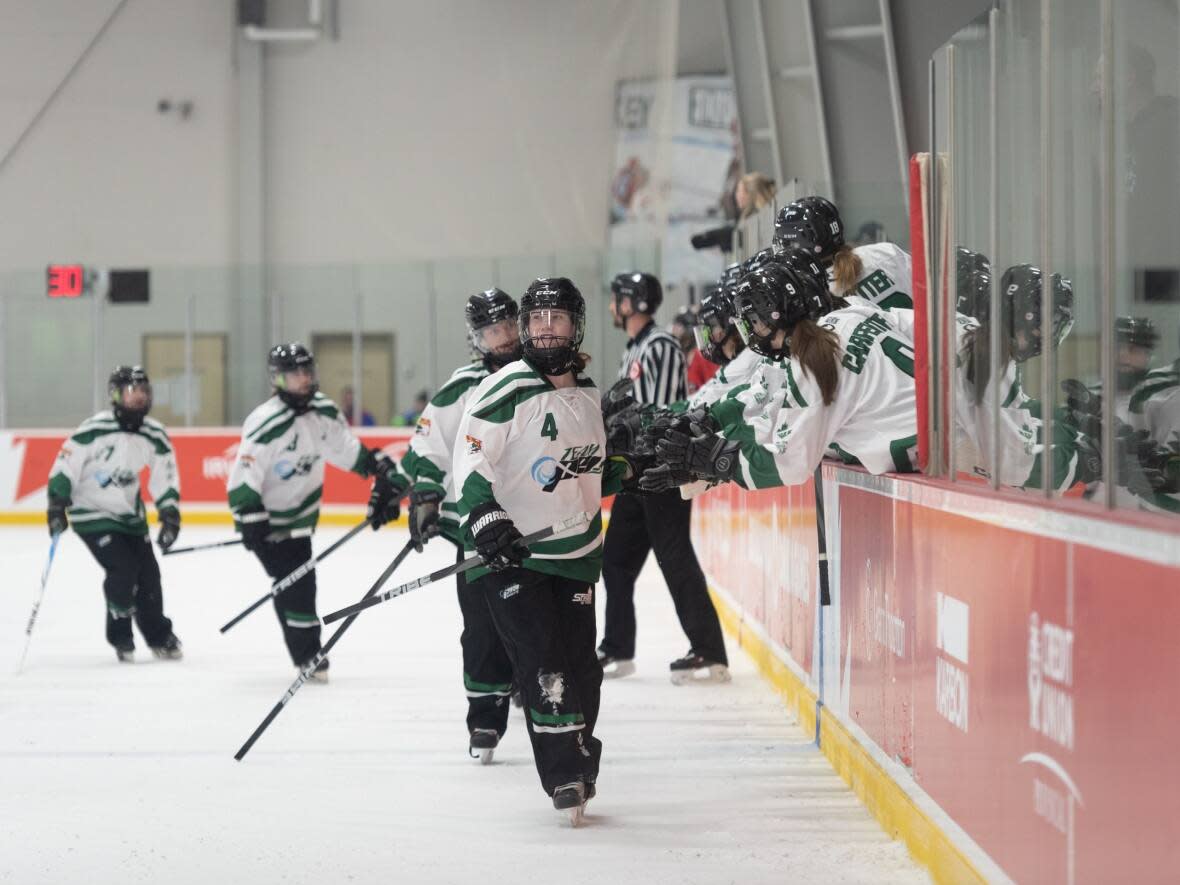 Team P.E.I. players share a high-five at the bench.   (Danielle Gillan/2023 Canada Winter Games  - image credit)