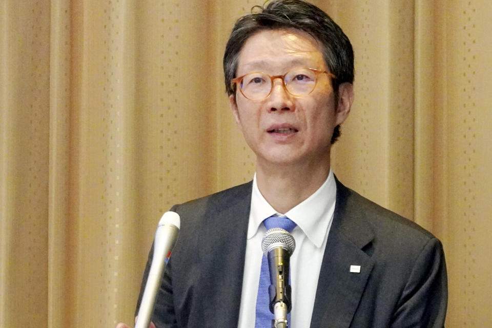 FILE - Then Toshiba executive officer Taro Shimada speaks during a press conference on Nov. 5, 2019, in Tokyo. Toshiba shareholders approved 13 nominated directors to its board Tuesday, June 28, 2022, as the Japanese technology giant struggles to restore its one-time glory and set a clear leadership direction. Chief Executive Shimada, who oversaw the annual shareholders’ meeting in Tokyo, said the majority had voted to OK that plan. (Kyodo News via AP, File)