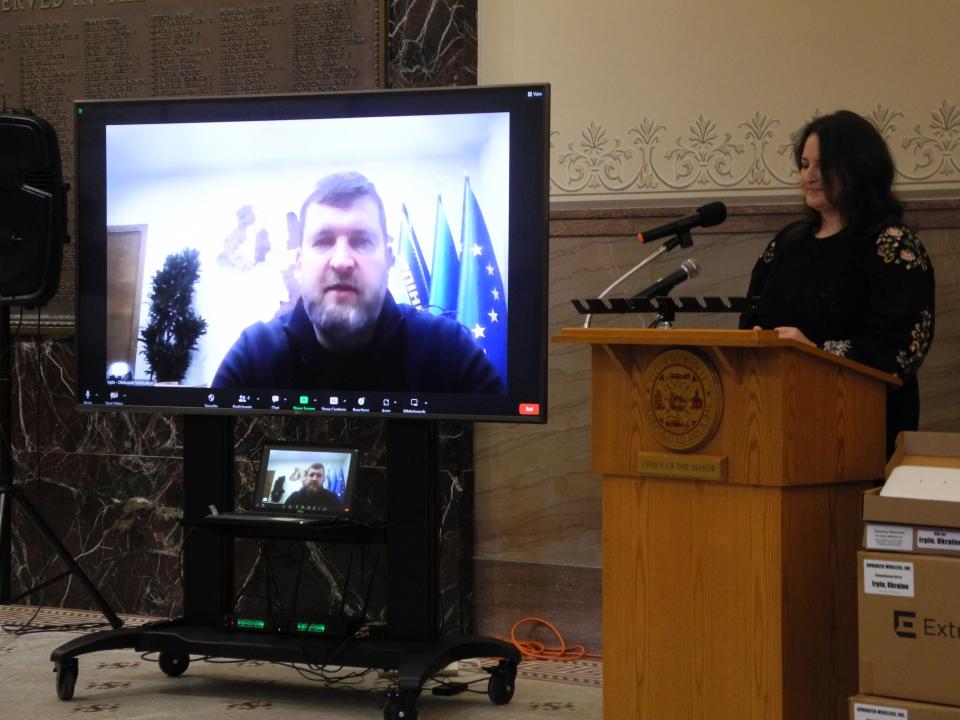 Irpin, Ukraine, Mayor Oleksandr Markushyn shared his thankfulness virtually Feb. 1, translated by Halyna Salapata, president of Wisconsin Ukrainians, for a donation from Franklin-based Advanced Wireless, Inc. of over 800 Wi-Fi access points to his city.