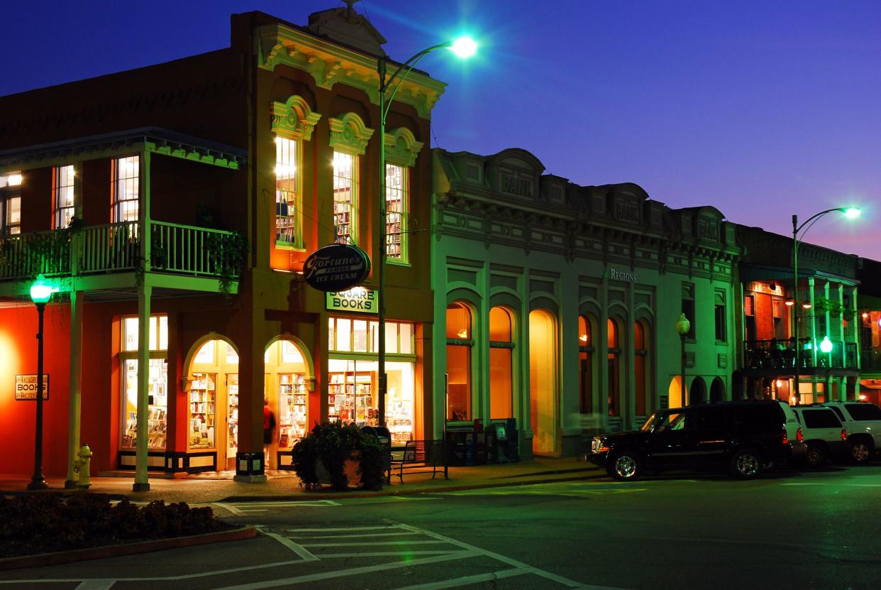 Square Books, a renown independent book store, occupies a prominent corner in Oxford, Mississippi