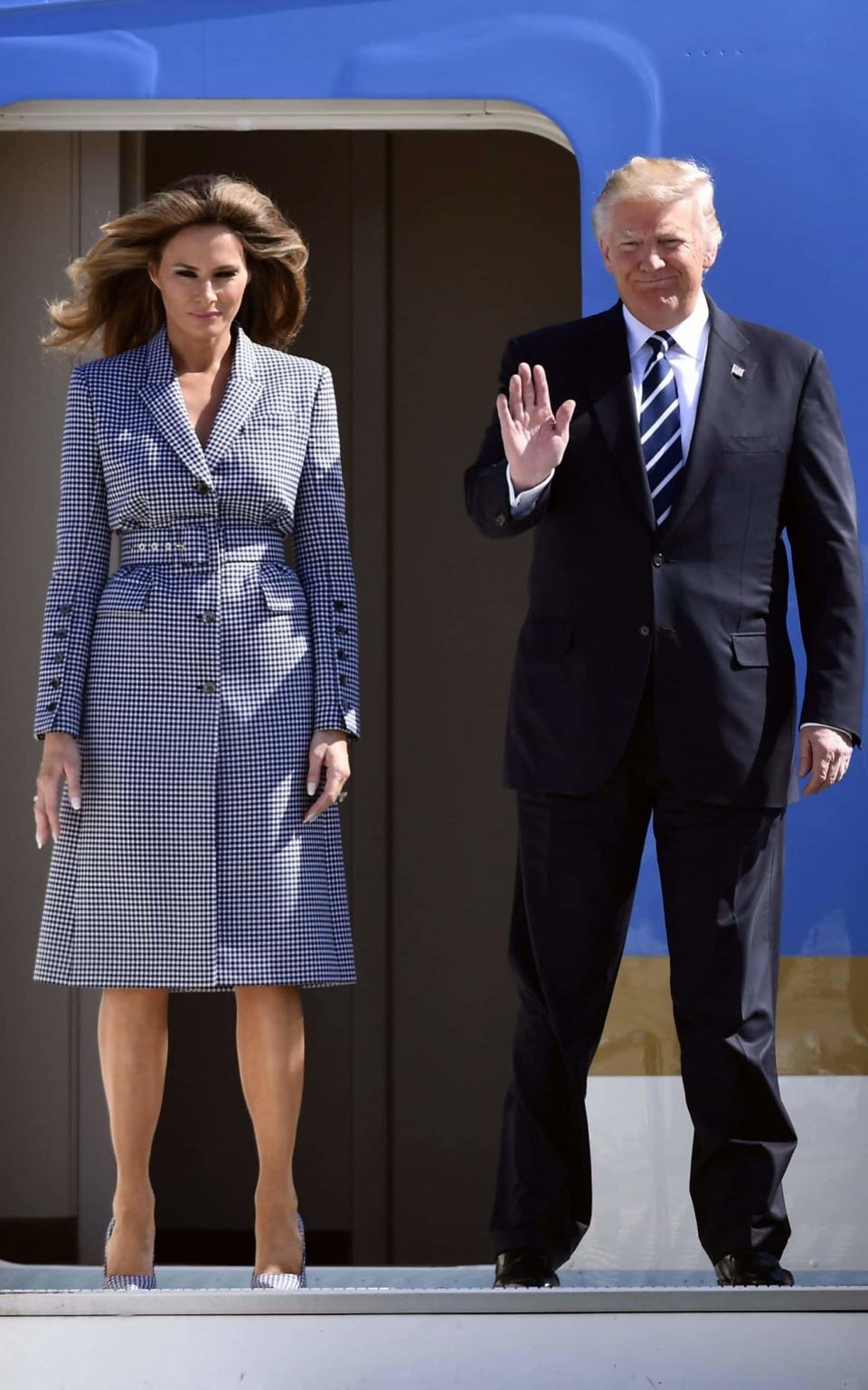  First Lady of the US Melania Trump and US President Donald Trump disembark Air Force One at the arrival of the President of The United States of America in Belgium - Credit:  Rex Features