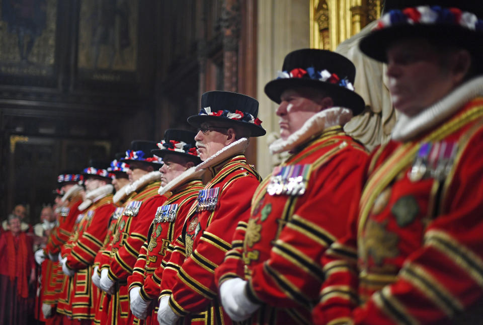 Members of the Yeoman Guard ahead of the official State Opening of Parliament in London, Monday Oct. 14, 2019. (Victoria Jones/Pool via AP)